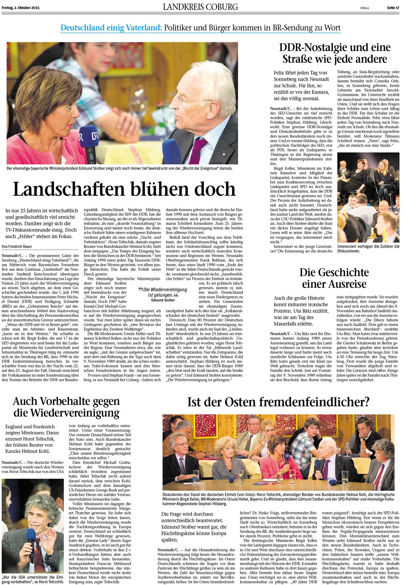 Zeitungsartikel zur Fernsehsendung des BR vom 30.09.15 Gasthaus
